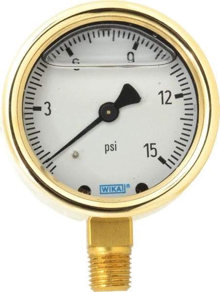 Wika - 2-1/2" Dial, 1/4 Thread, 0-15 Scale Range, Pressure Gauge - Lower Connection Mount, Accurate to 1.5% of Scale - Makers Industrial Supply