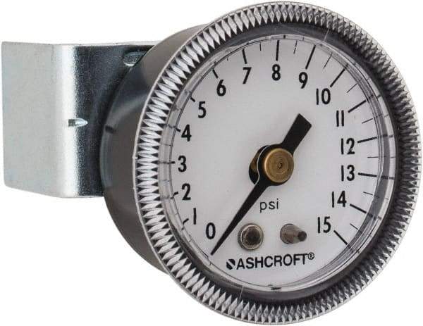 Ashcroft - 1-1/2" Dial, 1/8 Thread, 0-15 Scale Range, Pressure Gauge - Center Back Connection Mount - Makers Industrial Supply