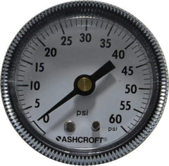 Ashcroft - 2" Dial, 1/4 Thread, 0-60 Scale Range, Pressure Gauge - Center Back Connection Mount - Makers Industrial Supply