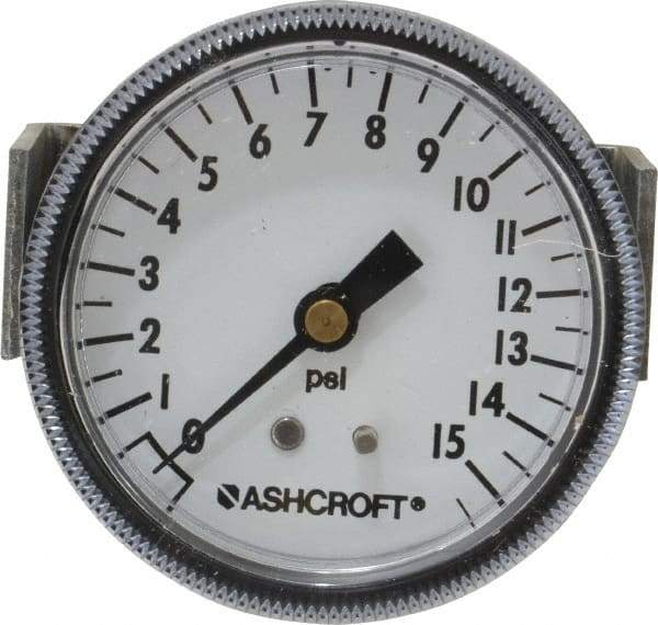 Ashcroft - 2-1/2" Dial, 1/4 Thread, 0-15 Scale Range, Pressure Gauge - Center Back Connection Mount - Makers Industrial Supply