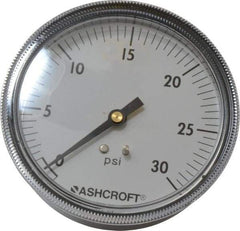 Ashcroft - 3-1/2" Dial, 1/4 Thread, 0-30 Scale Range, Pressure Gauge - Center Back Connection Mount - Makers Industrial Supply