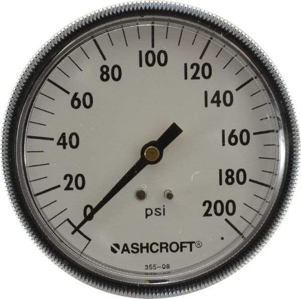 Ashcroft - 3-1/2" Dial, 1/4 Thread, 0-200 Scale Range, Pressure Gauge - Center Back Connection Mount - Makers Industrial Supply