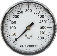 Ashcroft - 3-1/2" Dial, 1/4 Thread, 0-600 Scale Range, Pressure Gauge - Center Back Connection Mount - Makers Industrial Supply