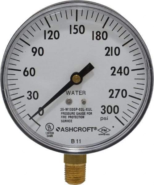 Ashcroft - 3-1/2" Dial, 1/4 Thread, 0-300 Scale Range, Pressure Gauge - Lower Connection Mount - Makers Industrial Supply