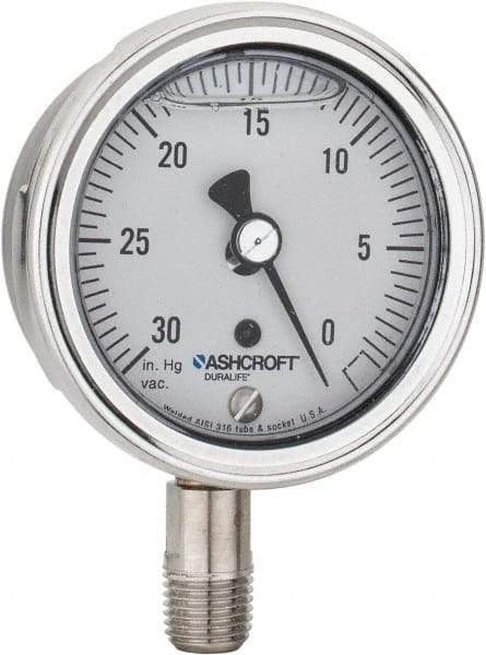 Ashcroft - 2-1/2" Dial, 1/4 Thread, 30-0 Scale Range, Pressure Gauge - Lower Connection Mount, Accurate to 1% of Scale - Makers Industrial Supply