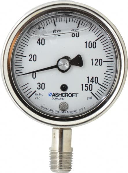 Ashcroft - 2-1/2" Dial, 1/4 Thread, 30-0-150 Scale Range, Pressure Gauge - Lower Connection Mount, Accurate to 1% of Scale - Makers Industrial Supply