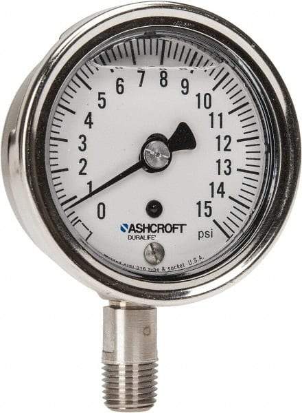 Ashcroft - 2-1/2" Dial, 1/4 Thread, 0-15 Scale Range, Pressure Gauge - Lower Connection Mount, Accurate to 1% of Scale - Makers Industrial Supply