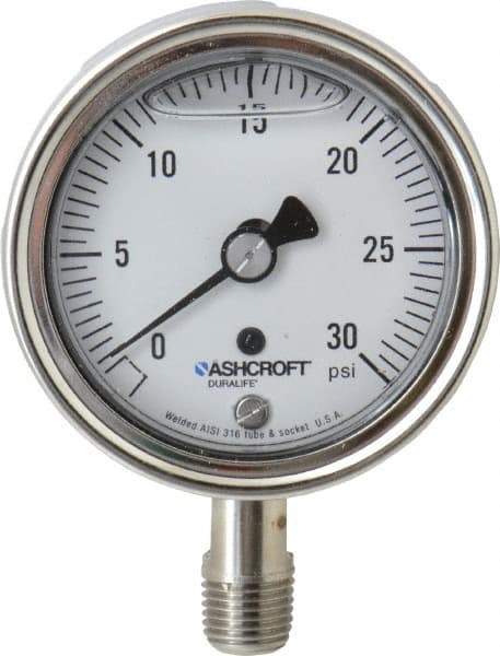 Ashcroft - 2-1/2" Dial, 1/4 Thread, 0-30 Scale Range, Pressure Gauge - Lower Connection Mount, Accurate to 1% of Scale - Makers Industrial Supply