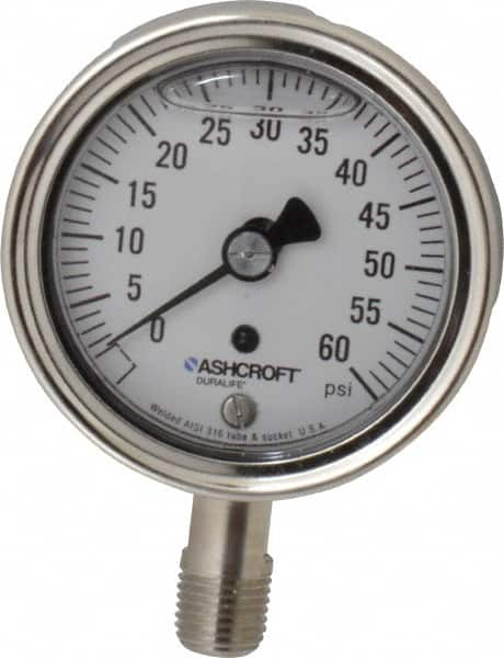 Ashcroft - 2-1/2" Dial, 1/4 Thread, 0-60 Scale Range, Pressure Gauge - Lower Connection Mount, Accurate to 1% of Scale - Makers Industrial Supply