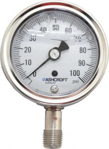 Ashcroft - 2-1/2" Dial, 1/4 Thread, 0-100 Scale Range, Pressure Gauge - Lower Connection Mount, Accurate to 1% of Scale - Makers Industrial Supply