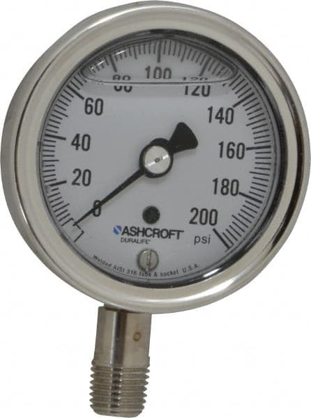 Ashcroft - 2-1/2" Dial, 1/4 Thread, 0-200 Scale Range, Pressure Gauge - Lower Connection Mount, Accurate to 1% of Scale - Makers Industrial Supply