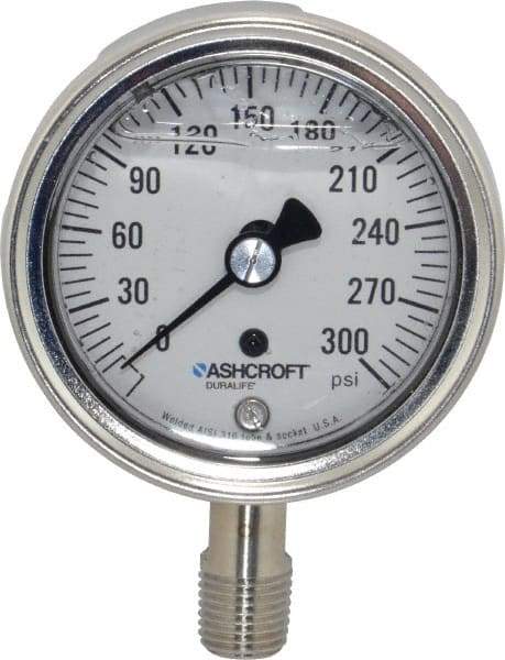 Ashcroft - 2-1/2" Dial, 1/4 Thread, 0-300 Scale Range, Pressure Gauge - Lower Connection Mount, Accurate to 1% of Scale - Makers Industrial Supply