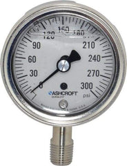 Ashcroft - 2-1/2" Dial, 1/4 Thread, 0-300 Scale Range, Pressure Gauge - Lower Connection Mount, Accurate to 1% of Scale - Makers Industrial Supply