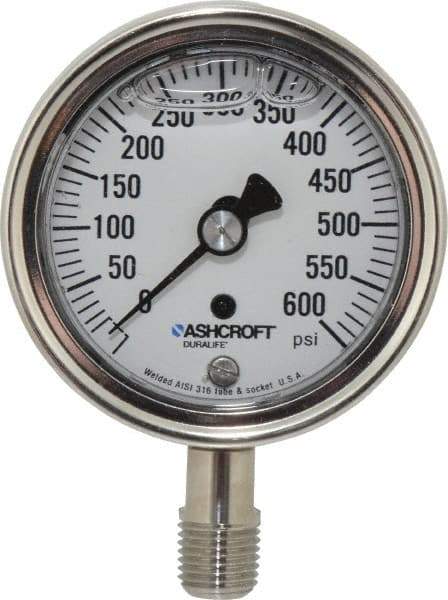 Ashcroft - 2-1/2" Dial, 1/4 Thread, 0-600 Scale Range, Pressure Gauge - Lower Connection Mount, Accurate to 1% of Scale - Makers Industrial Supply