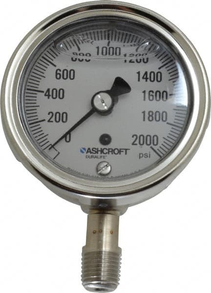 Ashcroft - 2-1/2" Dial, 1/4 Thread, 0-2,000 Scale Range, Pressure Gauge - Lower Connection Mount, Accurate to 1% of Scale - Makers Industrial Supply