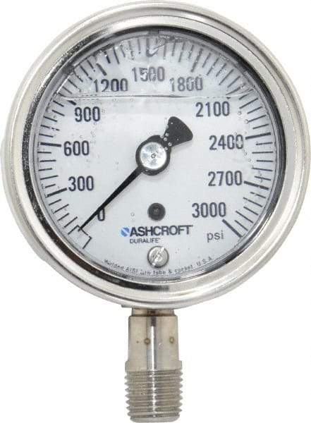 Ashcroft - 2-1/2" Dial, 1/4 Thread, 0-3,000 Scale Range, Pressure Gauge - Lower Connection Mount, Accurate to 1% of Scale - Makers Industrial Supply