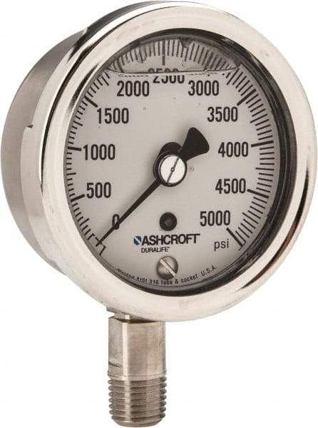 Ashcroft - 2-1/2" Dial, 1/4 Thread, 0-5,000 Scale Range, Pressure Gauge - Lower Connection Mount, Accurate to 1% of Scale - Makers Industrial Supply