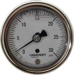 Ashcroft - 2-1/2" Dial, 1/4 Thread, 0-30 Scale Range, Pressure Gauge - Center Back Connection Mount, Accurate to 1% of Scale - Makers Industrial Supply