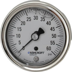 Ashcroft - 2-1/2" Dial, 1/4 Thread, 0-60 Scale Range, Pressure Gauge - Center Back Connection Mount, Accurate to 1% of Scale - Makers Industrial Supply