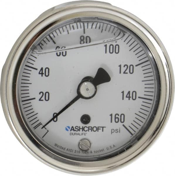 Ashcroft - 2-1/2" Dial, 1/4 Thread, 0-160 Scale Range, Pressure Gauge - Center Back Connection Mount, Accurate to 1% of Scale - Makers Industrial Supply