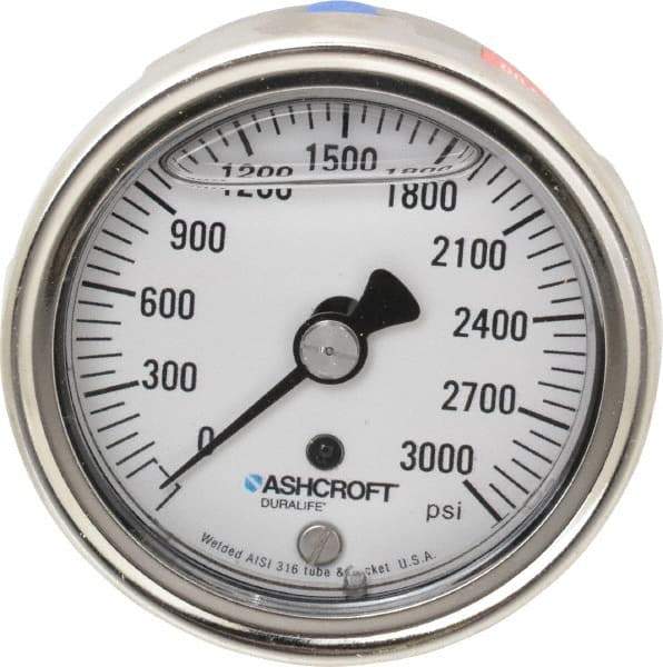 Ashcroft - 2-1/2" Dial, 1/4 Thread, 0-3,000 Scale Range, Pressure Gauge - Center Back Connection Mount, Accurate to 1% of Scale - Makers Industrial Supply