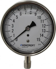 Ashcroft - 3-1/2" Dial, 1/4 Thread, 0-15 Scale Range, Pressure Gauge - Lower Connection Mount, Accurate to 1% of Scale - Makers Industrial Supply