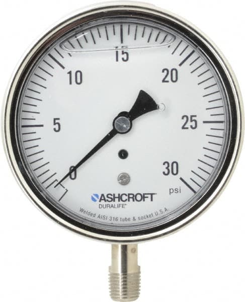 Ashcroft - 3-1/2" Dial, 1/4 Thread, 0-30 Scale Range, Pressure Gauge - Lower Connection Mount, Accurate to 1% of Scale - Makers Industrial Supply