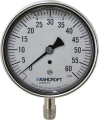 Ashcroft - 3-1/2" Dial, 1/4 Thread, 0-60 Scale Range, Pressure Gauge - Lower Connection Mount, Accurate to 1% of Scale - Makers Industrial Supply