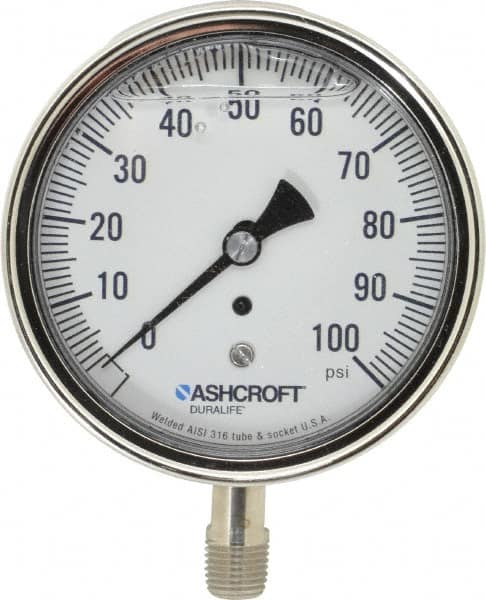 Ashcroft - 3-1/2" Dial, 1/4 Thread, 0-100 Scale Range, Pressure Gauge - Lower Connection Mount, Accurate to 1% of Scale - Makers Industrial Supply