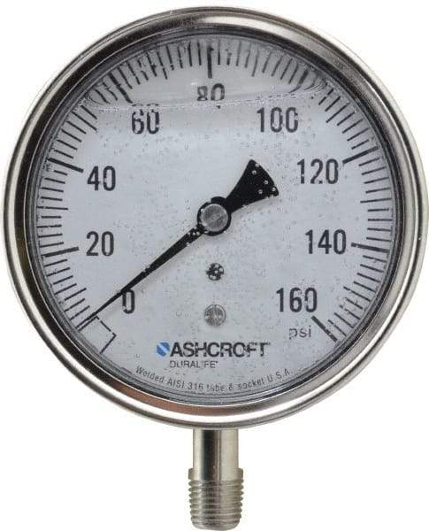 Ashcroft - 3-1/2" Dial, 1/4 Thread, 0-160 Scale Range, Pressure Gauge - Lower Connection Mount, Accurate to 1% of Scale - Makers Industrial Supply