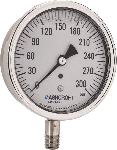 Ashcroft - 3-1/2" Dial, 1/4 Thread, 0-300 Scale Range, Pressure Gauge - Lower Connection Mount, Accurate to 1% of Scale - Makers Industrial Supply