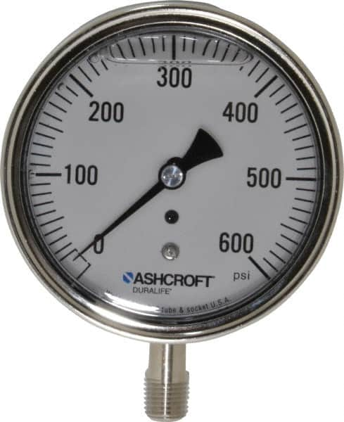 Ashcroft - 3-1/2" Dial, 1/4 Thread, 0-600 Scale Range, Pressure Gauge - Lower Connection Mount, Accurate to 1% of Scale - Makers Industrial Supply