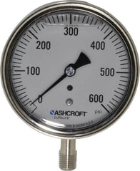 Ashcroft - 3-1/2" Dial, 1/4 Thread, 0-600 Scale Range, Pressure Gauge - Lower Connection Mount, Accurate to 1% of Scale - Makers Industrial Supply