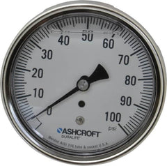 Ashcroft - 3-1/2" Dial, 1/4 Thread, 0-100 Scale Range, Pressure Gauge - Center Back Connection Mount, Accurate to 1% of Scale - Makers Industrial Supply