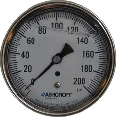 Ashcroft - 3-1/2" Dial, 1/4 Thread, 0-200 Scale Range, Pressure Gauge - Center Back Connection Mount, Accurate to 1% of Scale - Makers Industrial Supply