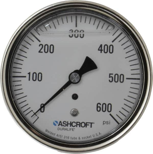 Ashcroft - 3-1/2" Dial, 1/4 Thread, 0-600 Scale Range, Pressure Gauge - Center Back Connection Mount, Accurate to 1% of Scale - Makers Industrial Supply