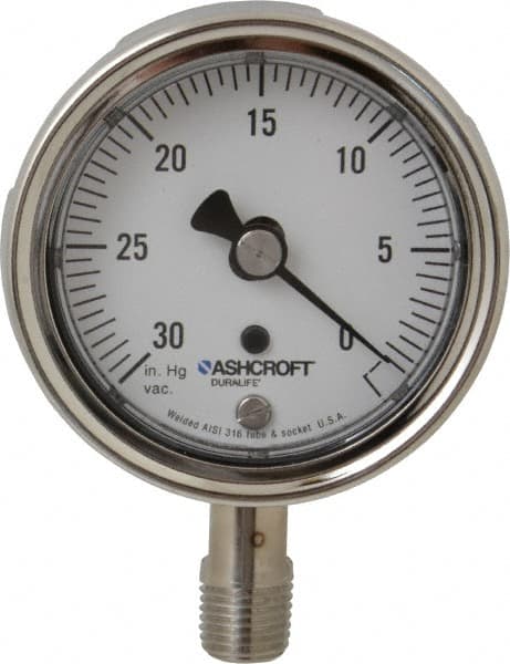 Ashcroft - 2-1/2" Dial, 1/4 Thread, 30-0 Scale Range, Pressure Gauge - Lower Connection Mount, Accurate to 1% of Scale - Makers Industrial Supply