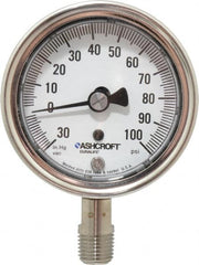 Ashcroft - 2-1/2" Dial, 1/4 Thread, 30-0-100 Scale Range, Pressure Gauge - Lower Connection Mount, Accurate to 1% of Scale - Makers Industrial Supply