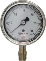 Ashcroft - 2-1/2" Dial, 1/4 Thread, 0-30 Scale Range, Pressure Gauge - Lower Connection Mount, Accurate to 1% of Scale - Makers Industrial Supply