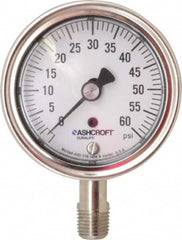 Ashcroft - 2-1/2" Dial, 1/4 Thread, 0-60 Scale Range, Pressure Gauge - Lower Connection Mount, Accurate to 1% of Scale - Makers Industrial Supply