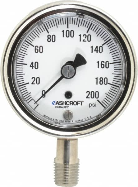 Ashcroft - 2-1/2" Dial, 1/4 Thread, 0-200 Scale Range, Pressure Gauge - Lower Connection Mount, Accurate to 1% of Scale - Makers Industrial Supply