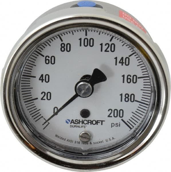 Ashcroft - 2-1/2" Dial, 1/4 Thread, 0-200 Scale Range, Pressure Gauge - Lower Back Connection Mount, Accurate to 1% of Scale - Makers Industrial Supply