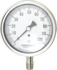 Ashcroft - 3-1/2" Dial, 1/4 Thread, 0-100 Scale Range, Pressure Gauge - Lower Connection Mount, Accurate to 1% of Scale - Makers Industrial Supply