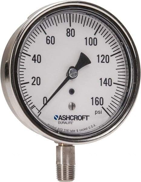 Ashcroft - 3-1/2" Dial, 1/4 Thread, 0-160 Scale Range, Pressure Gauge - Lower Connection Mount, Accurate to 1% of Scale - Makers Industrial Supply