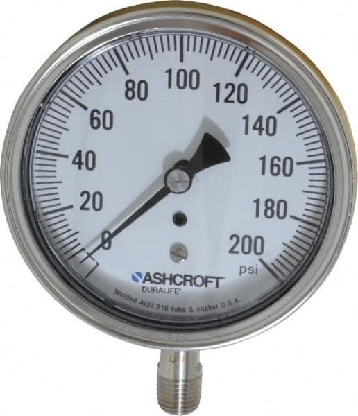 Ashcroft - 3-1/2" Dial, 1/4 Thread, 0-200 Scale Range, Pressure Gauge - Lower Connection Mount, Accurate to 1% of Scale - Makers Industrial Supply