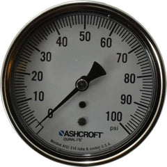 Ashcroft - 3-1/2" Dial, 1/4 Thread, 0-100 Scale Range, Pressure Gauge - Center Back Connection Mount, Accurate to 1% of Scale - Makers Industrial Supply