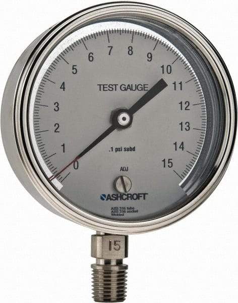 Ashcroft - 3" Dial, 1/4 Thread, 0-15 Scale Range, Pressure Gauge - Lower Connection Mount, Accurate to 0.5% of Scale - Makers Industrial Supply