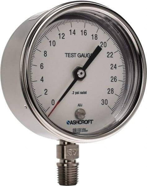 Ashcroft - 3" Dial, 1/4 Thread, 0-30 Scale Range, Pressure Gauge - Lower Connection Mount, Accurate to 0.5% of Scale - Makers Industrial Supply