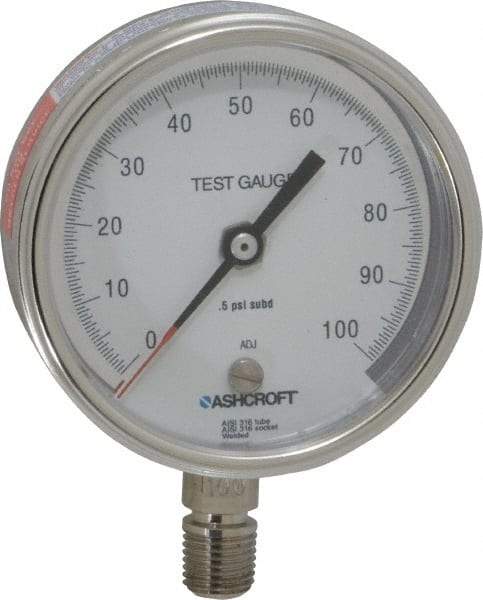 Ashcroft - 3" Dial, 1/4 Thread, 0-100 Scale Range, Pressure Gauge - Lower Connection Mount, Accurate to 0.5% of Scale - Makers Industrial Supply