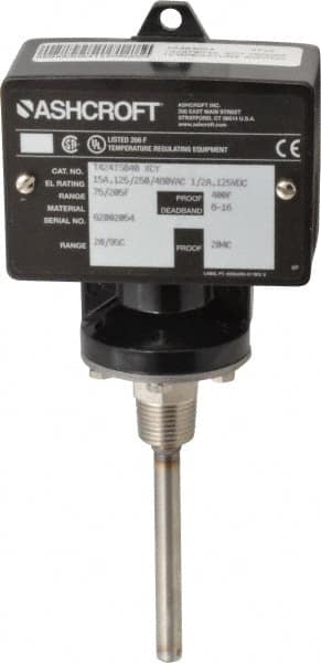 Ashcroft - 75 to 205°F, Watertight Single Setpoint Temp Switch - 4 Inch Rigid Stem - Makers Industrial Supply